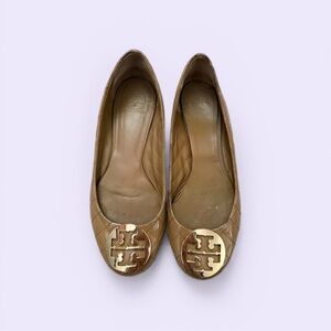 Tory Burch Quilted Tan Leather Logo Ballet Flats with Gold Emblem